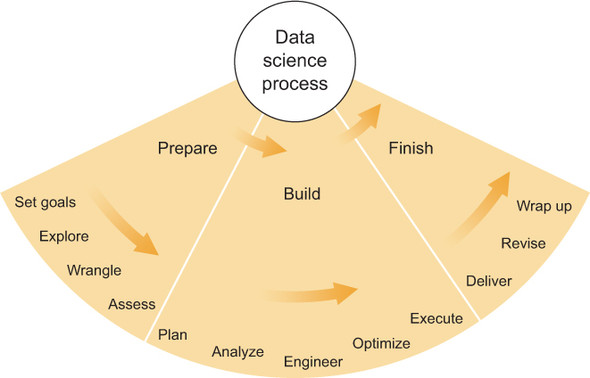 DS process: 3 major phases (prepare,build,finish) with many sub-phases. Prepare:set goals, explore, wrangle, assess; Build: Plan, analyze, engineer, optimize, execute; Finish: Deliver, revise, wrap up